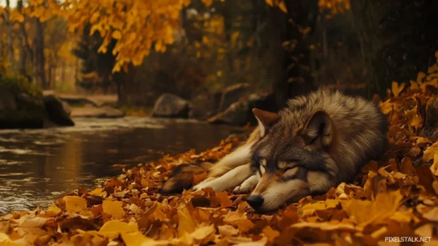 A realistic shot of a wolf curled up beside a river in autumn leaves.