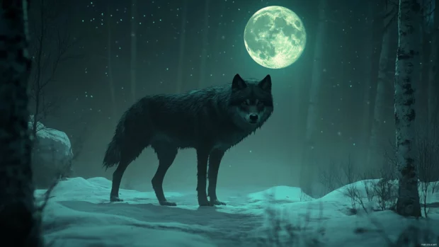 A realistic wolf under full moon standing alone in the snow covered forest.