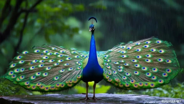 A rear view of a peacock with its tail feathers glowing in the rain.