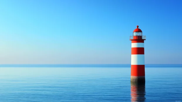A red and white striped lighthouse stands tall against a clear blue sky.