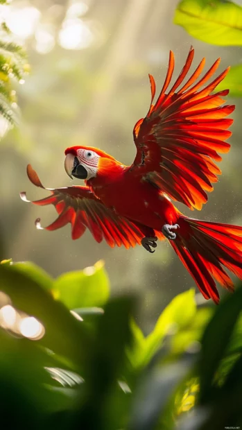 A red parrot flying upward through jungle mist, wings in sunlight.