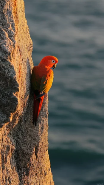 A red parrot on a cliff at dusk, looking back over its wing.