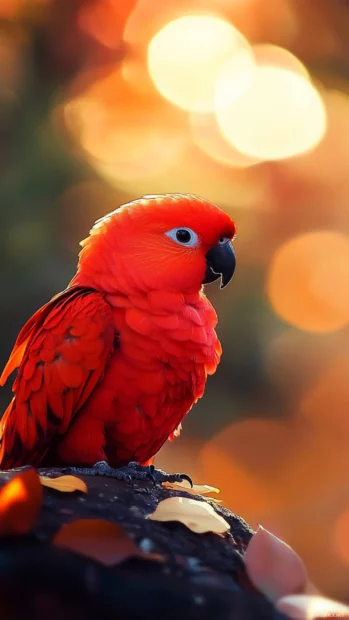 A red parrot turning its head, standing on a cliff at sunset.