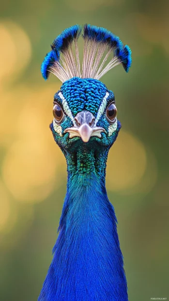 A regal peacock gazing into the distance, its shimmering blue plumage illuminated by dawn’s glow.