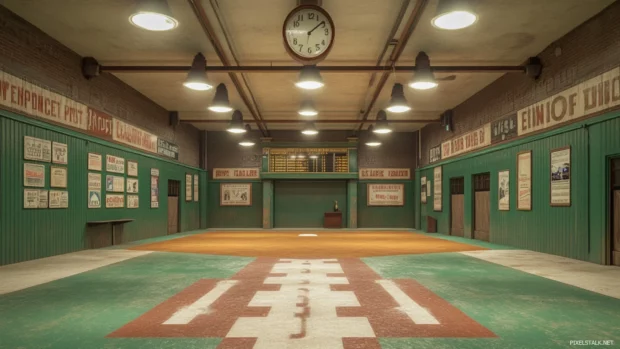 A retro 1980s inspired baseball field, with vintage scoreboards and classic advertisements on the outfield walls .