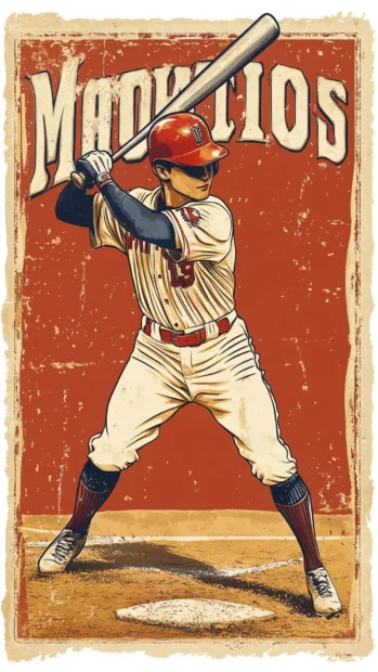 A retro baseball illustration in 1950s poster style, featuring bold typography, warm vintage colors, and classic sports design.