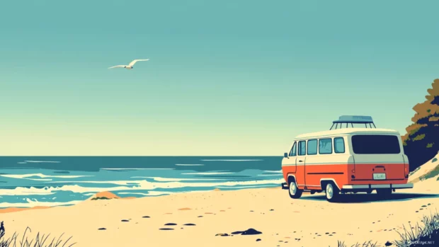 A retro style illustration of a beach scene, with vintage colors and a classic beach wagon.