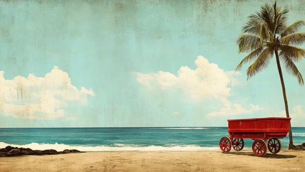 A retro style illustration of a beach scene, with vintage colors and a classic beach wagon.