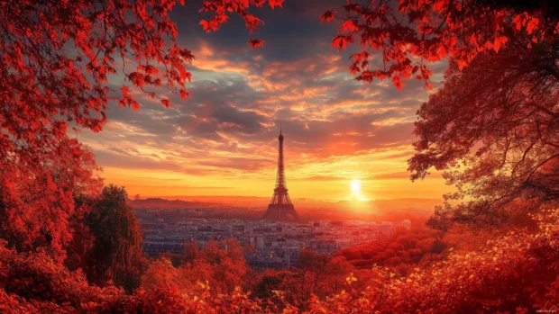 A romantic Parisian sunset with the Eiffel Tower in the distance, framed by autumn trees.