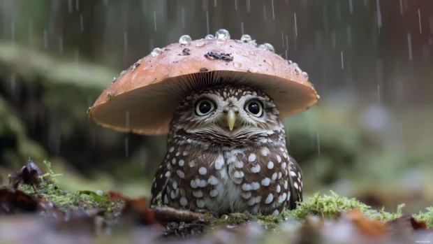 A round owl hiding under a mushroom cap during a gentle rain.