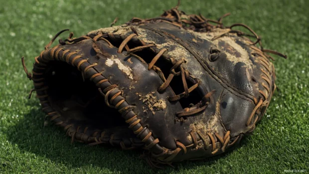 A rugged glove with torn laces placed on artificial turf, Detailed baseball glove stitching wallpaper.