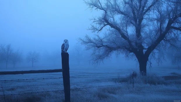 A rustic field bathed in fog, with a lone Barn Owl perched on a fencepost.