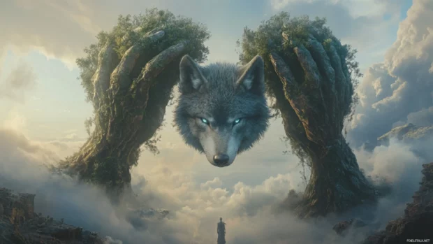 A sacred blue wolf levitates between two ancient trees shaped like hands.