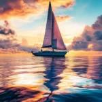 A sailboat sailing into the sunrise, with the ocean reflecting the colorful sky and clouds.