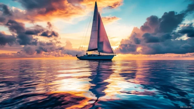 A sailboat sailing into the sunrise, with the ocean reflecting the colorful sky and clouds.