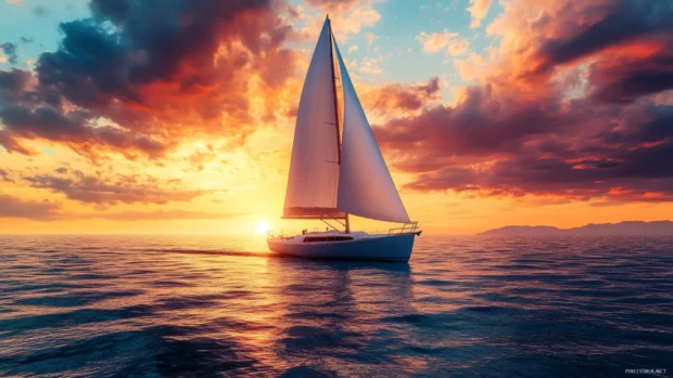 A sailboat sailing into the sunrise, with the ocean reflecting the colorful sky and clouds.