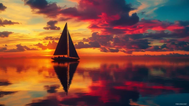 A sailboat sailing into the sunset, with the ocean reflecting the colorful sky and clouds.