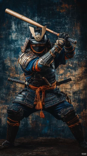 A samurai themed baseball player wearing traditional armor, gripping a bat like a katana.