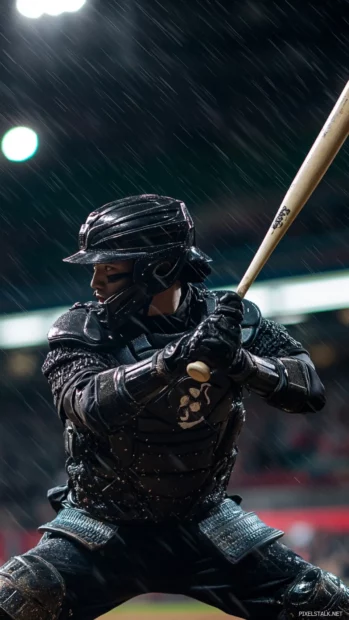 A samurai themed baseball player wearing traditional armor, gripping a bat like a katana.