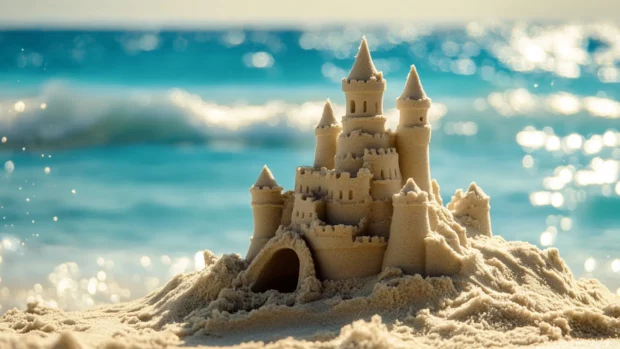 A sandcastle with intricate details, standing tall on a sunny beach .