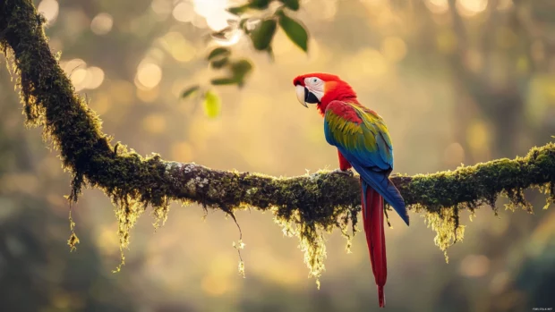 A scarlet macaw perched on a mossy jungle branch, surrounded by soft golden morning light.