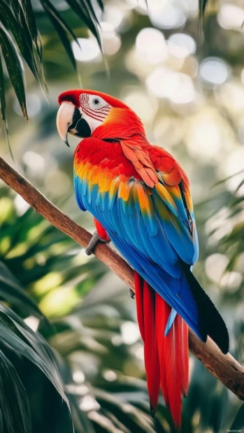 A scarlet macaw perched on a slender branch, framed by soft focus tropical leaves.