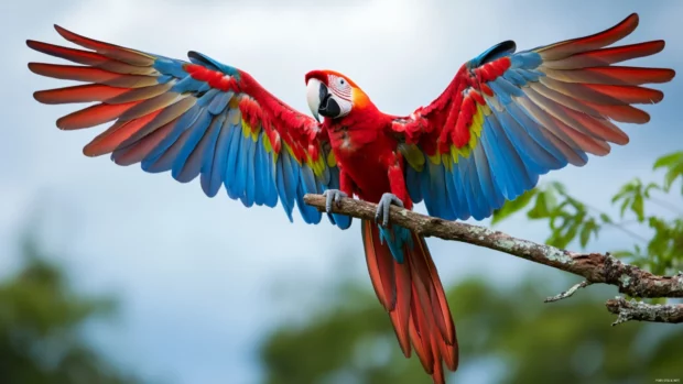 A scarlet macaw spreading its wings wide on a high branch, set against a soft cloudy sky.