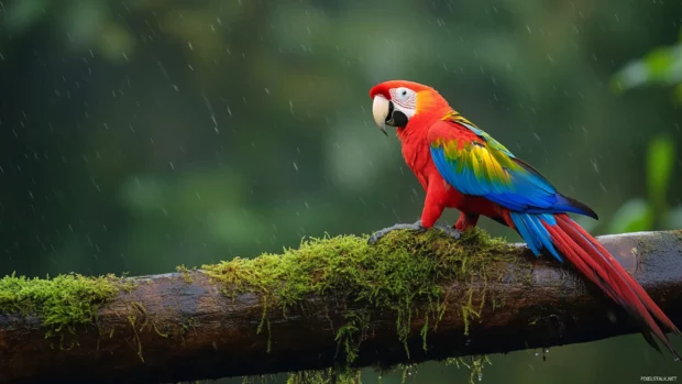 A scarlet macaw walking slowly along a fallen log, tail dragging through dew covered moss.