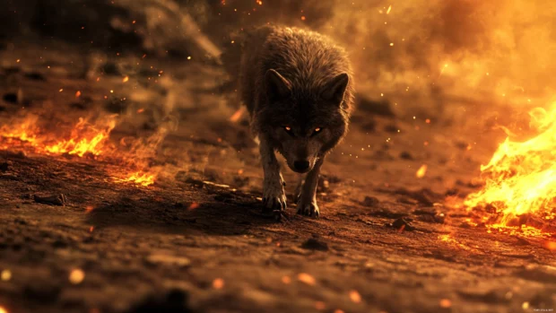 A scarred lone wolf walks beside fire embers.