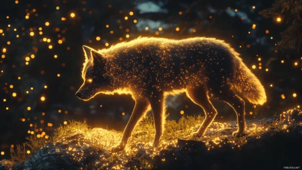 A scene from above where a glowing wolf walks along a starry cliff trail.