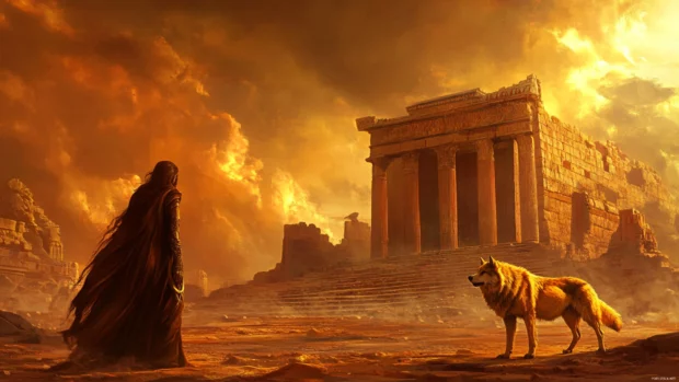 A scene from ancient myth where a golden wolf guards the entrance to a ruined temple.