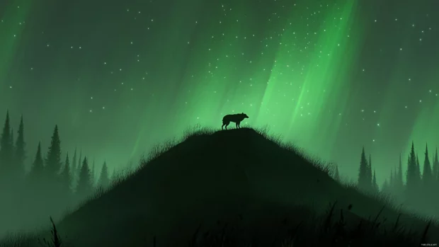 A scenic landscape with auroras and a distant wolf silhouette walking across a ridge.