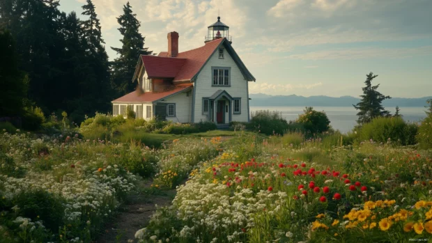 A scenic lighthouse view with wildflowers, ocean horizon, and clear sky.