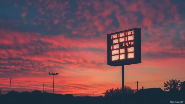 A scoreboard glowing softly under the sunset sky.