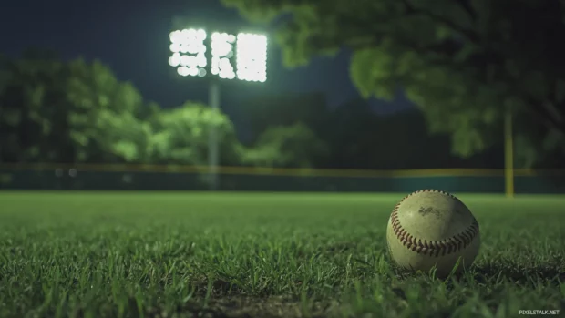 A scoreboard in the background with a baseball sitting in the foreground on the field.