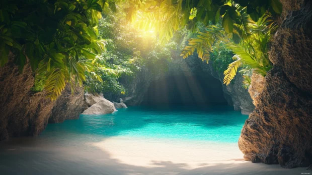 A secluded cove with turquoise water and white sand, shown in an 3D render.