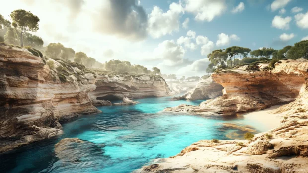 A secluded cove with turquoise waters and rugged cliffs.