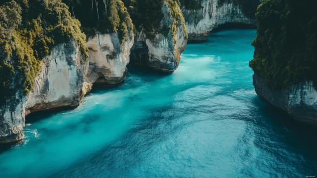 A secluded cove with turquoise waters and rugged cliffs.