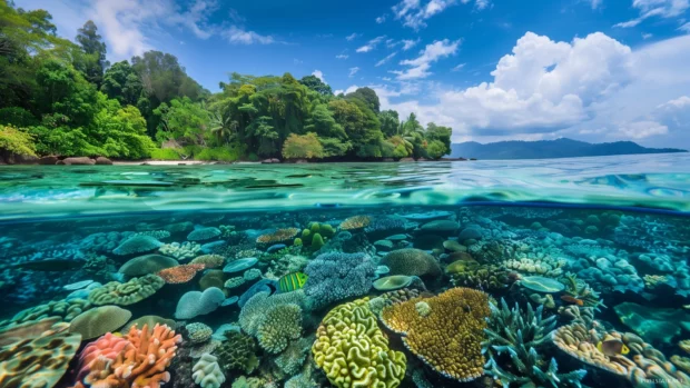 A secluded tropical cove with calm turquoise waters and colorful coral reefs below.