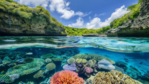 A secluded tropical cove with calm, turquoise waters and colorful coral reefs visible below the surface.