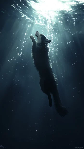 A semi realistic wolf diving into a vertical stream of glowing water.