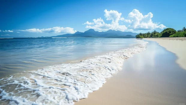 A serene Fiji beach with smooth white sand and gentle waves along the shor.