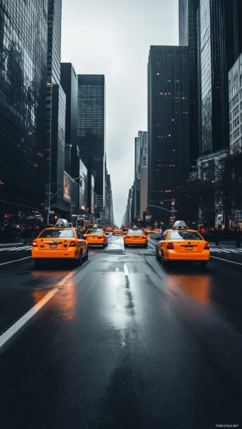 A serene New York City road, yellow cabs glide through.