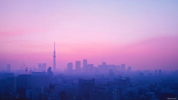 A serene Tokyo cityscape at dawn with a simple silhouette of skyscrapers and a soft pastel sky.