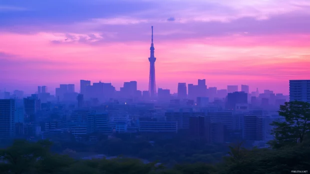 A serene Tokyo skyline at twilight with the silhouette of buildings against a soft, colorful sunset, blending traditional and modern architecture.