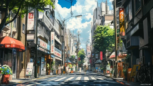 A serene anime cityscape featuring delicate details and soft, muted tones.