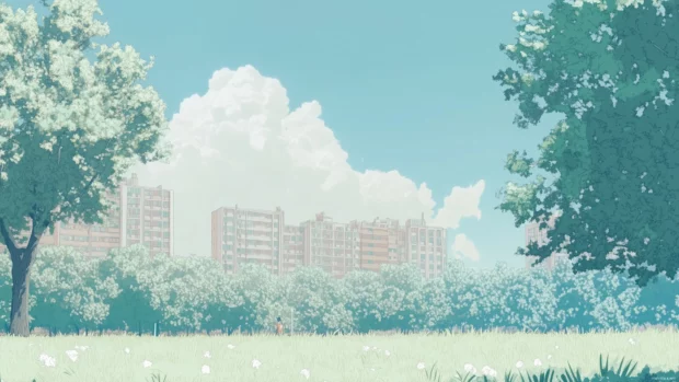 A serene anime cityscape with soft lines and a limited color palette.