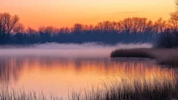 A serene blend of orange sky and soft fog.