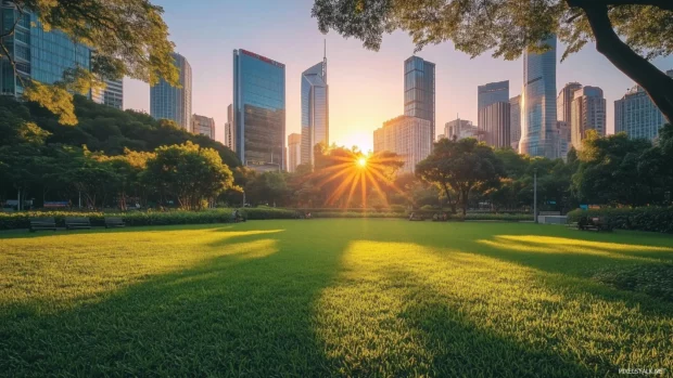 A serene city park surrounded by towering skyscrapers at sunrise.