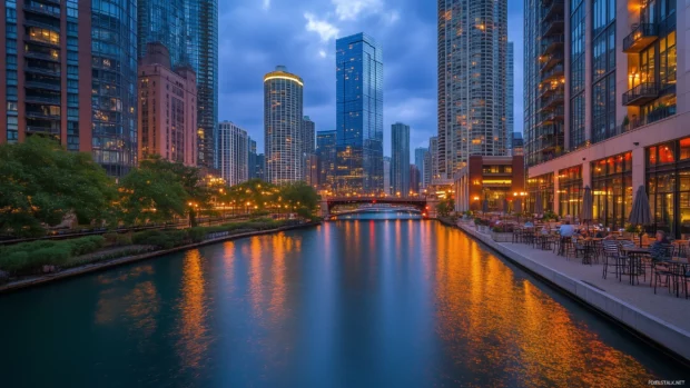 A serene city view with gentle lighting, contemporary architecture, and a calm, reflective river enhancing the tranquil aesthetic.